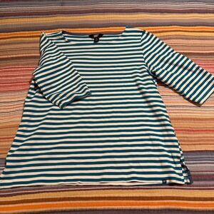 Lands End Women Striped Boat Neck 3/4 Sleeve Tunic Top XL Teal White Pima Cotton